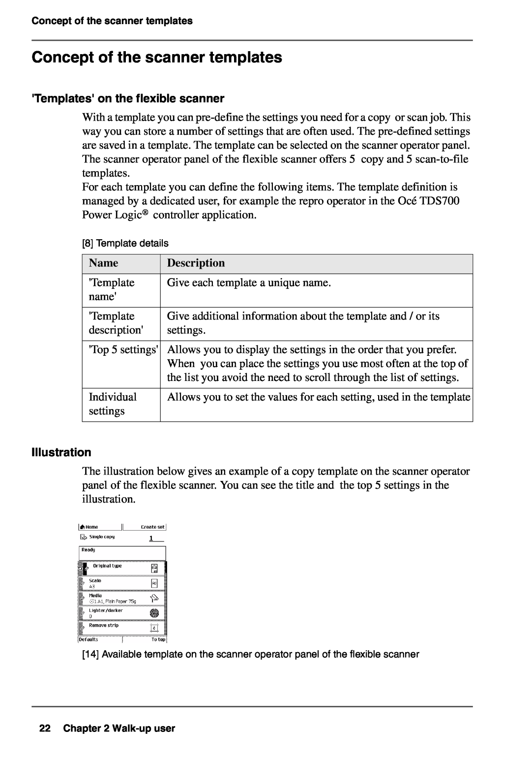 Oce North America TDS700 user manual Concept of the scanner templates, Templates on the flexible scanner, Name, Description 