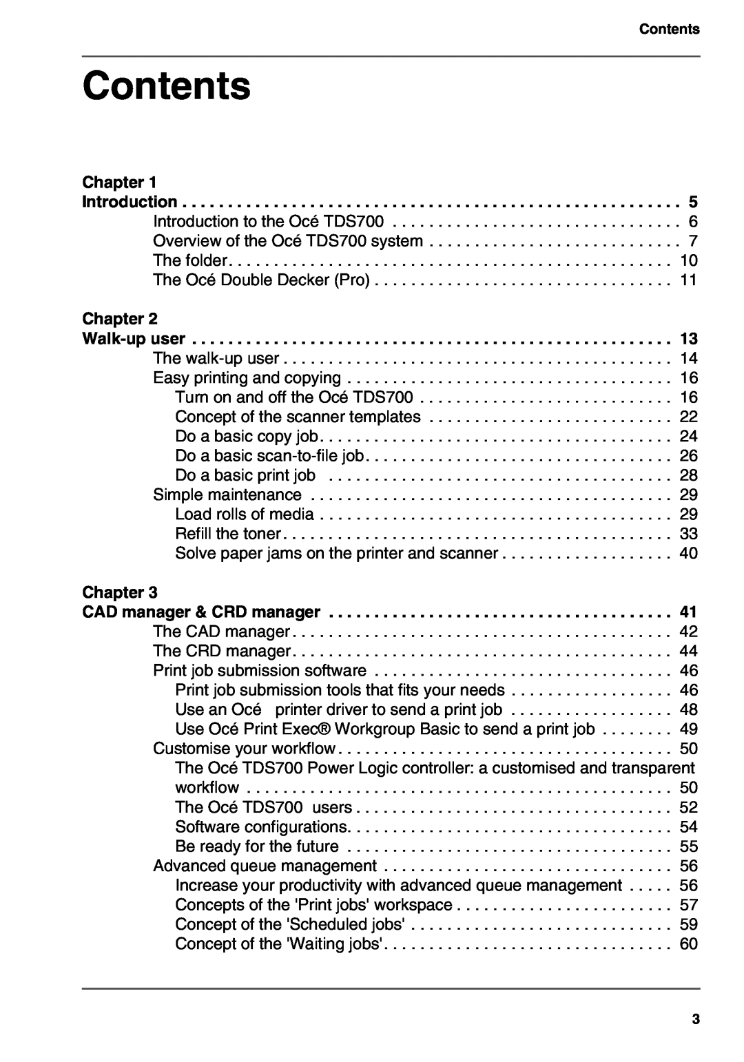 Oce North America TDS700 user manual Contents, Chapter 