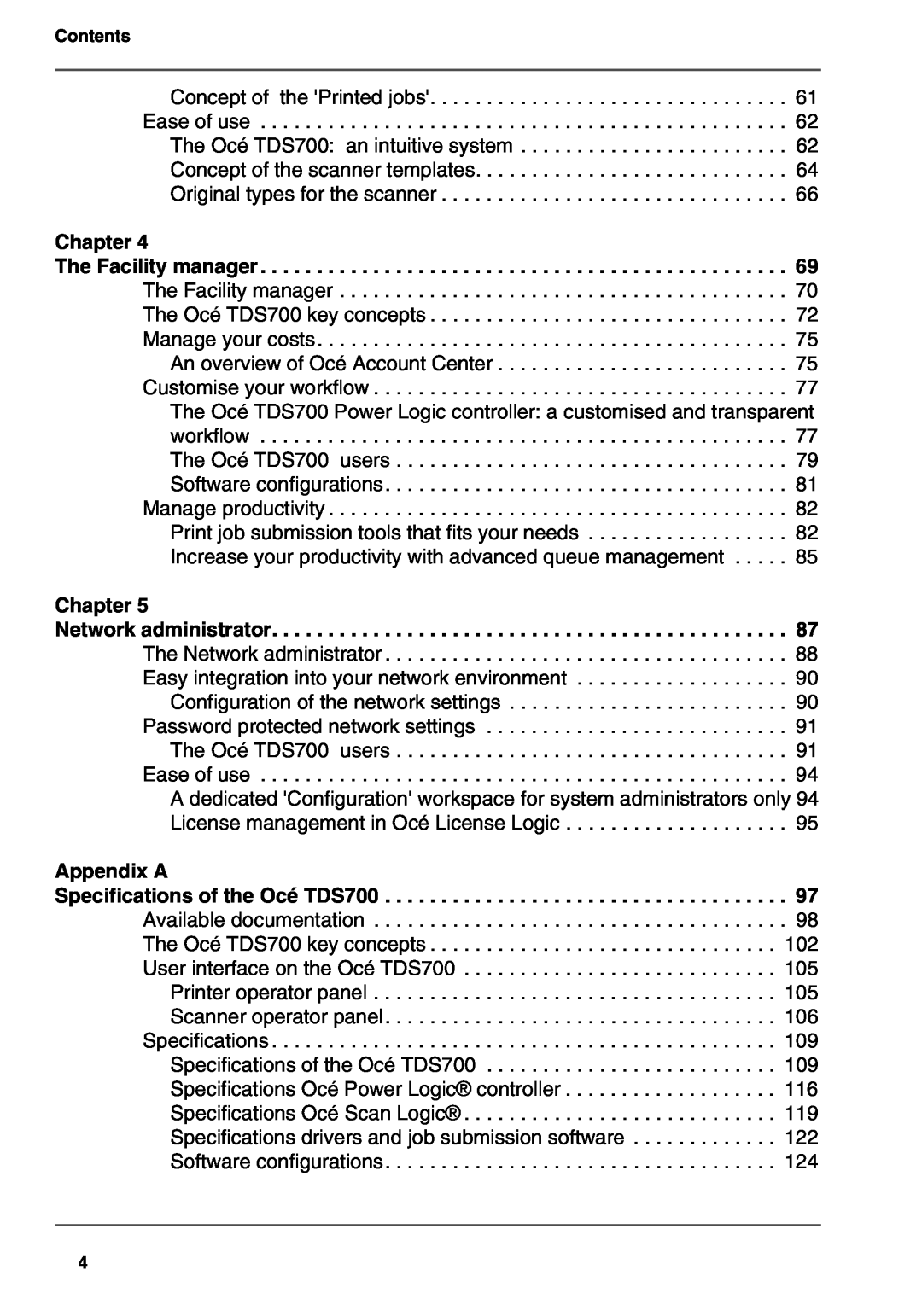 Oce North America TDS700 user manual Appendix A, Chapter 