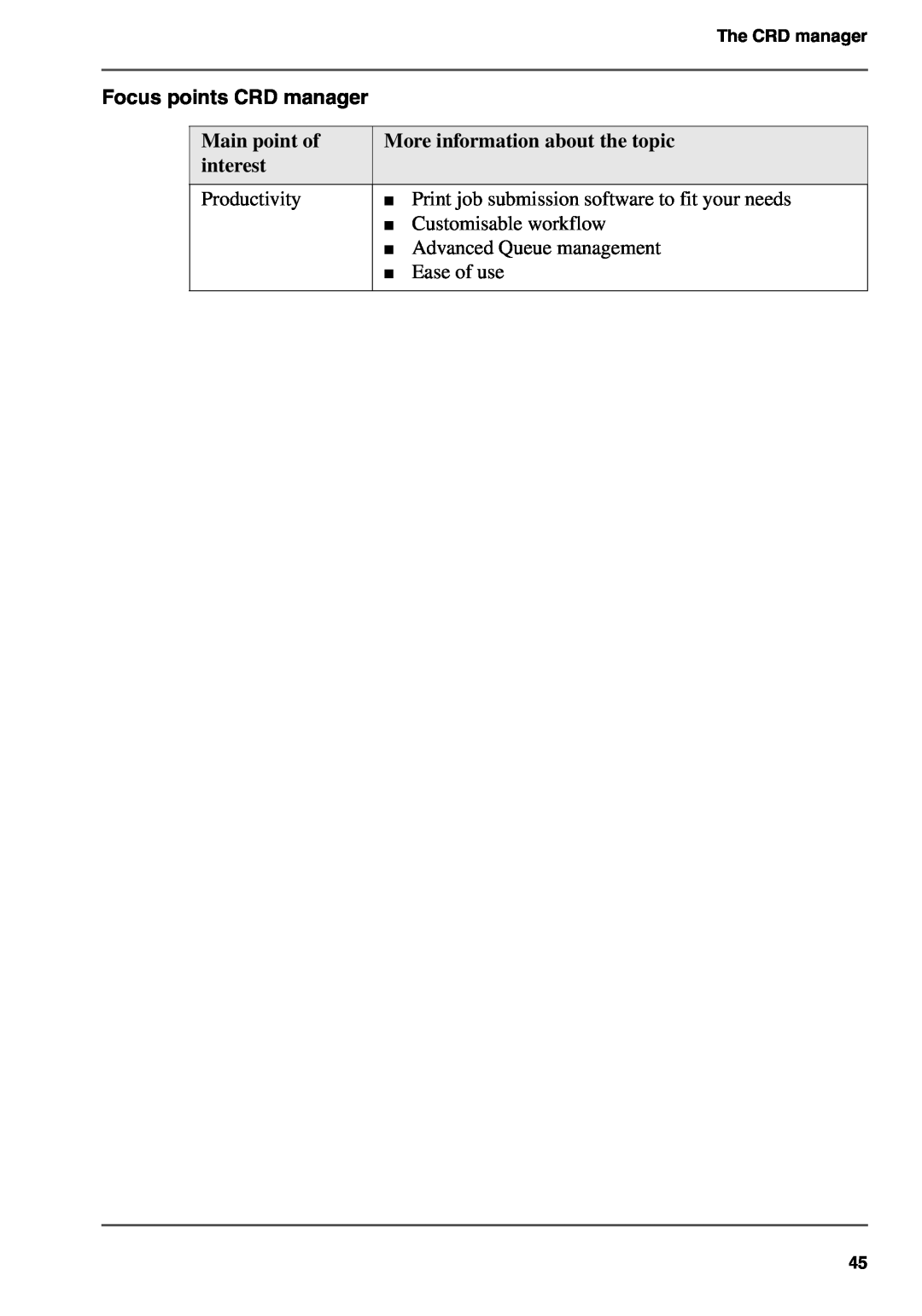 Oce North America TDS700 user manual Main point of, More information about the topic, interest, Focus points CRD manager 