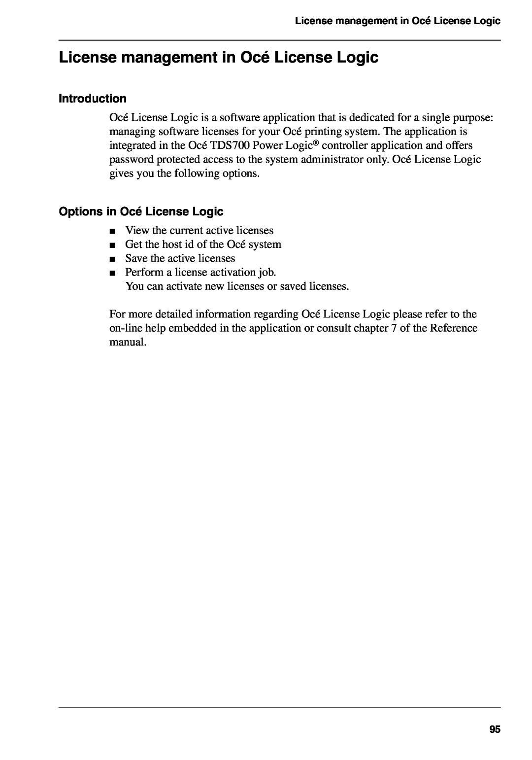 Oce North America TDS700 user manual License management in Océ License Logic, Options in Océ License Logic, Introduction 