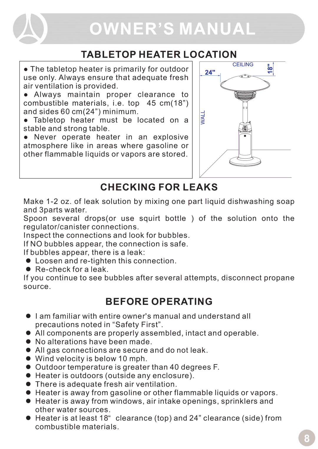 Ocean Electronic manual Tabletop Heater Location, Checking for Leaks, Before Operating 