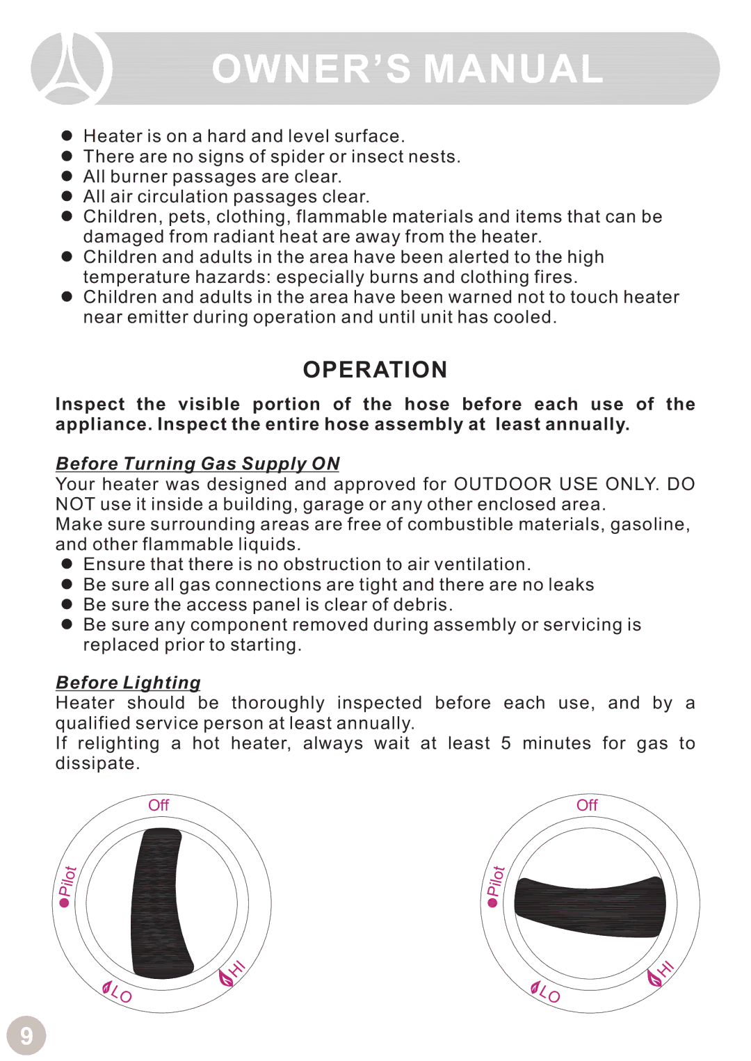 Ocean Electronic Tabletop Heater manual Operation, Before Turning Gas Supply on 