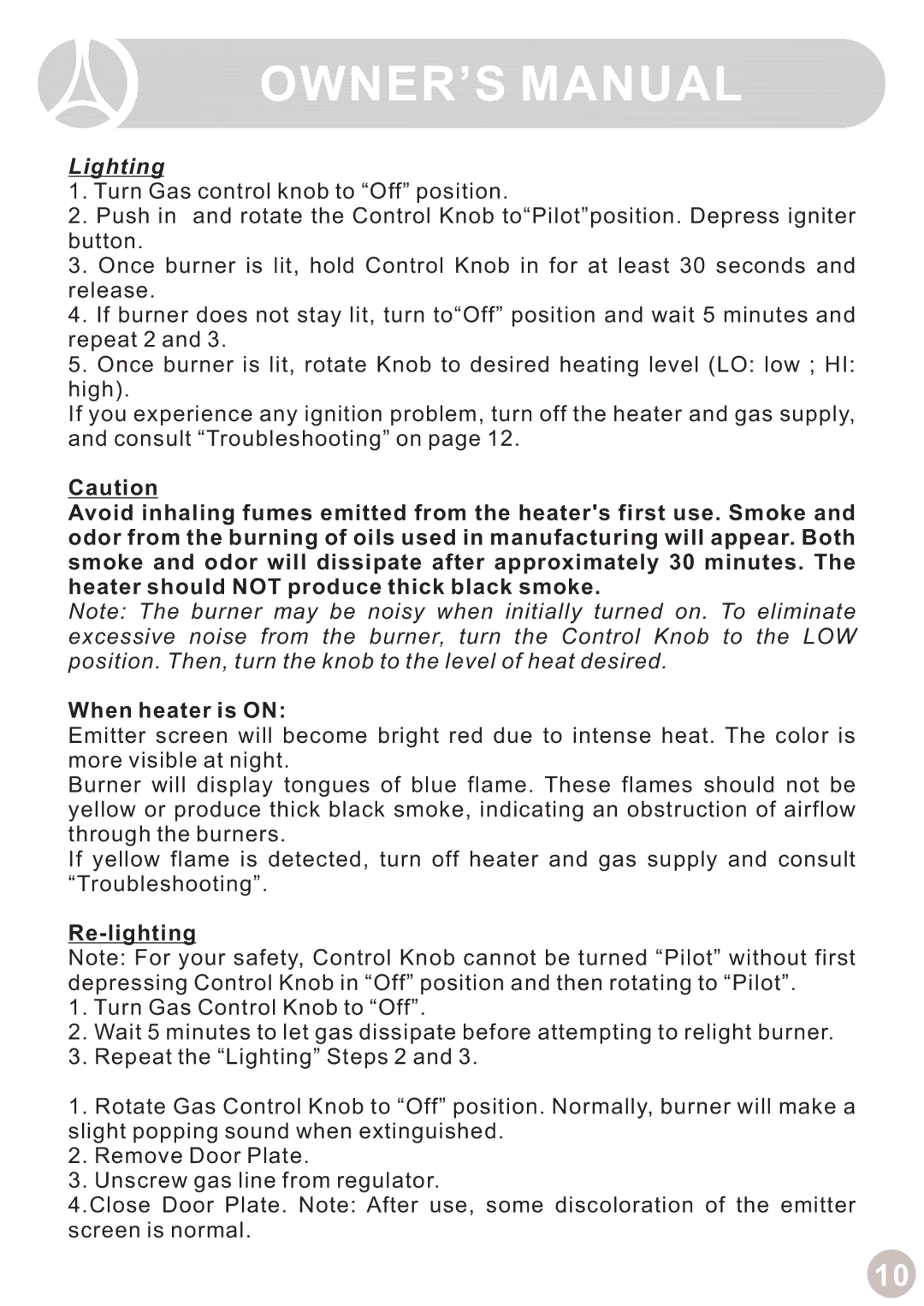 Ocean Electronic Tabletop Heater manual Lighting, Re-lighting 