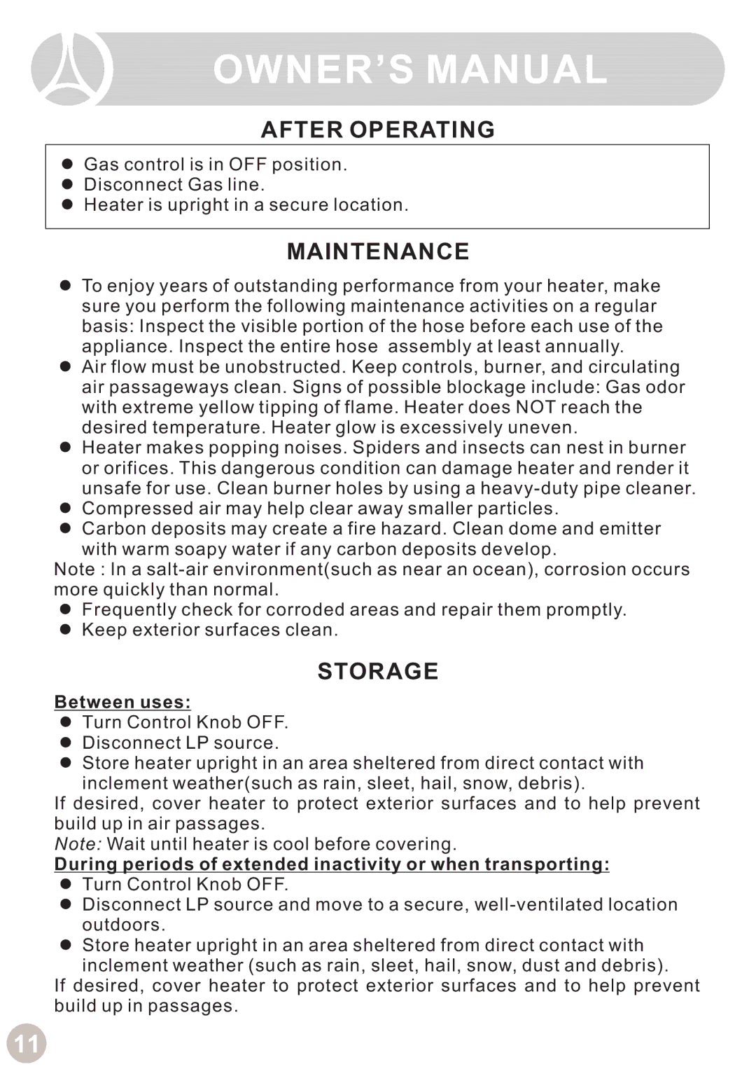 Ocean Electronic Tabletop Heater manual After Operating, Maintenance, Storage, Between uses 