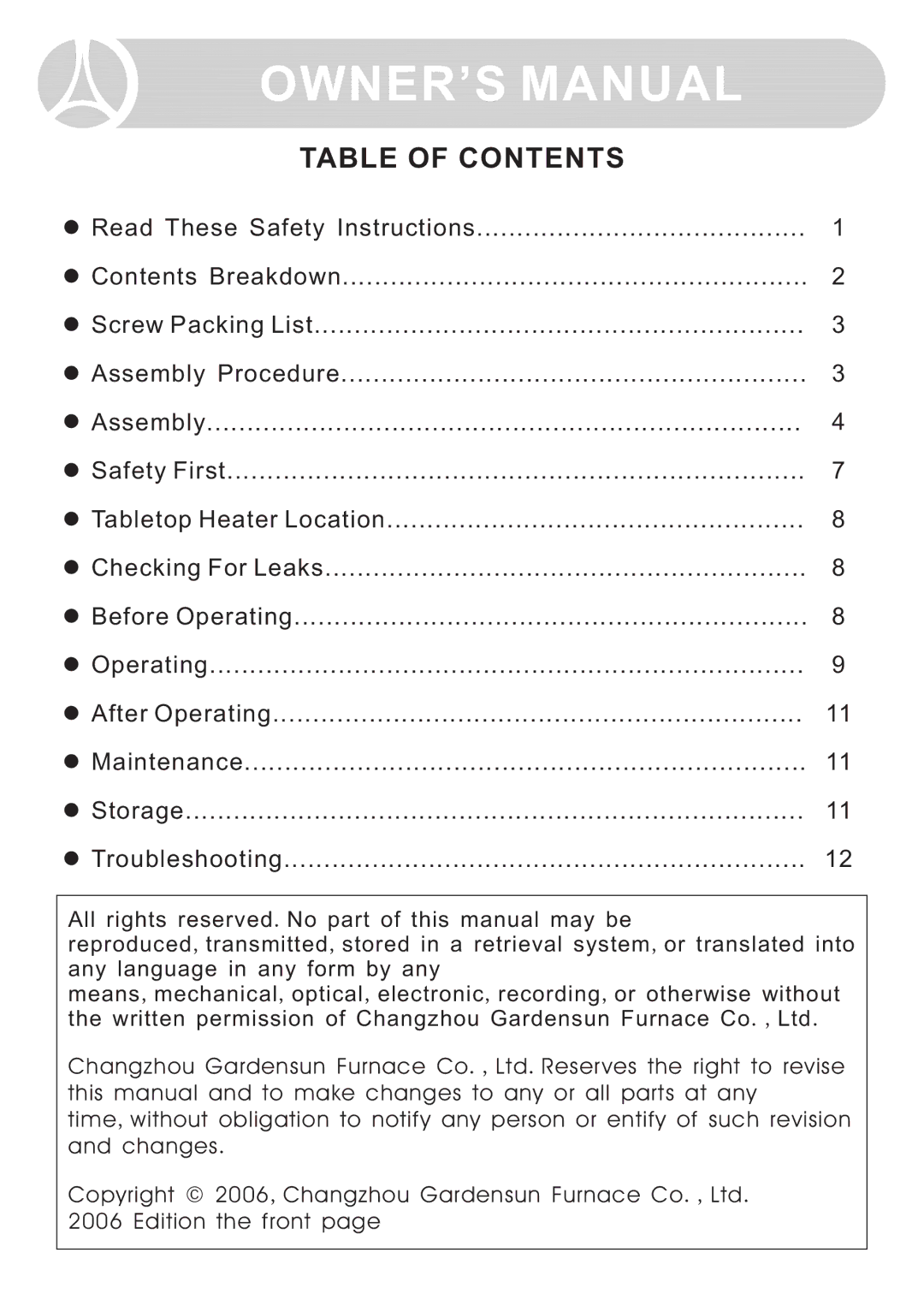 Ocean Electronic Tabletop Heater manual Table of Contents 