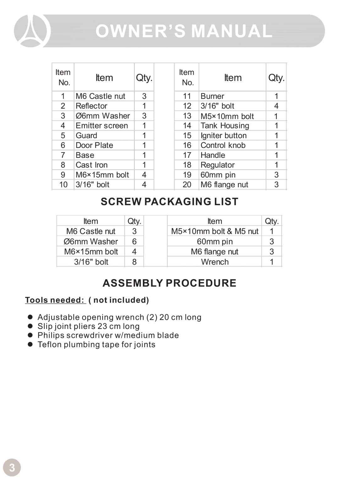 Ocean Electronic Tabletop Heater manual Screw Packaging List, Assembly Procedure, Tools needed not included 