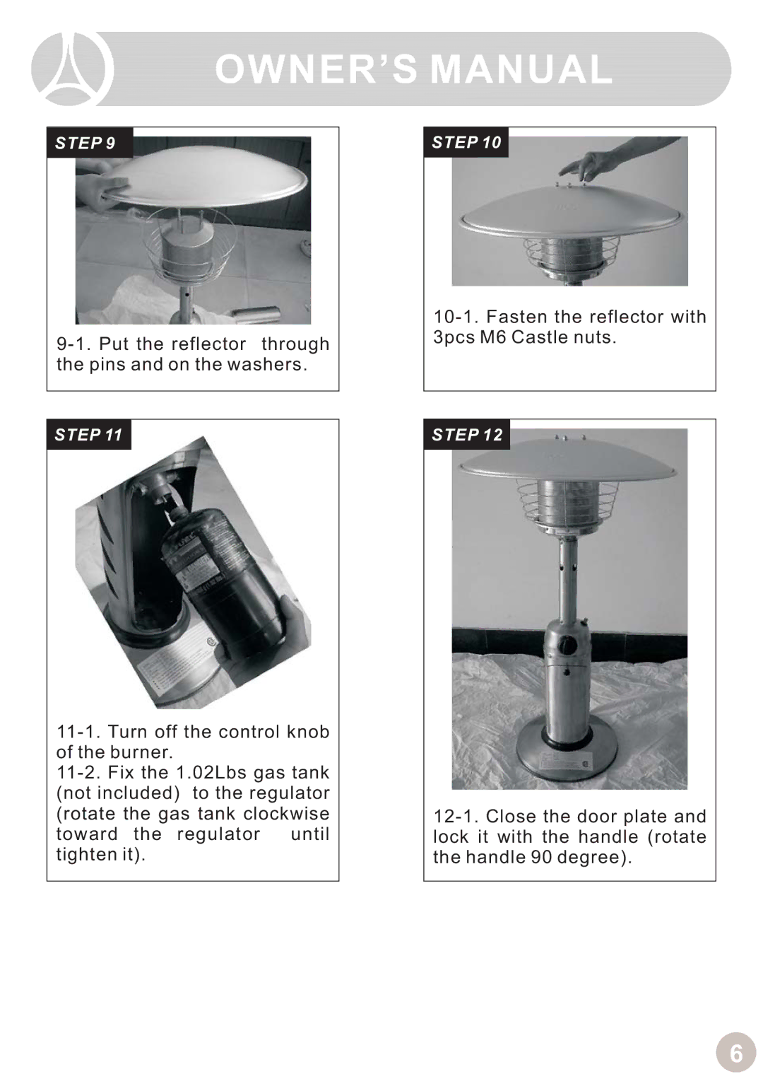 Ocean Electronic Tabletop Heater manual Put the reflector through the pins and on the washers 