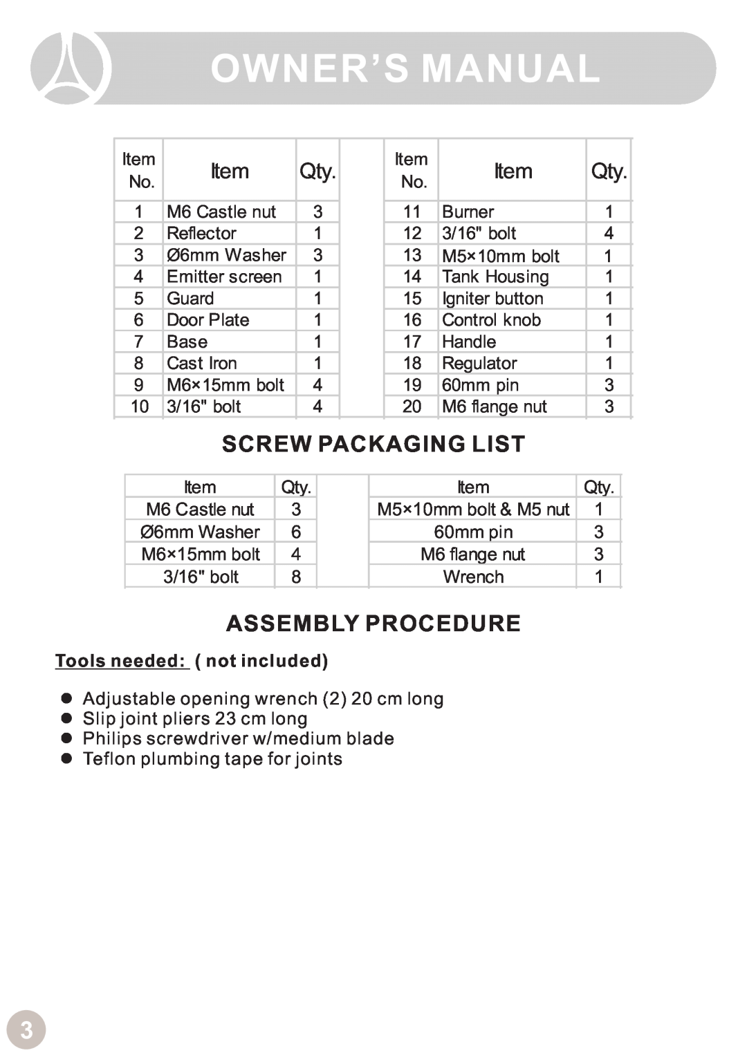 Ocean Electronic Tabletop Heater manual Screw Packaging List, Assembly Procedure, Tools needed not included 
