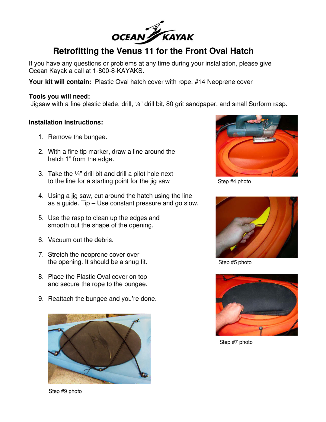 Ocean Kayak manual Retrofitting the Venus 11 for the Front Oval Hatch, Tools you will need, Installation Instructions 