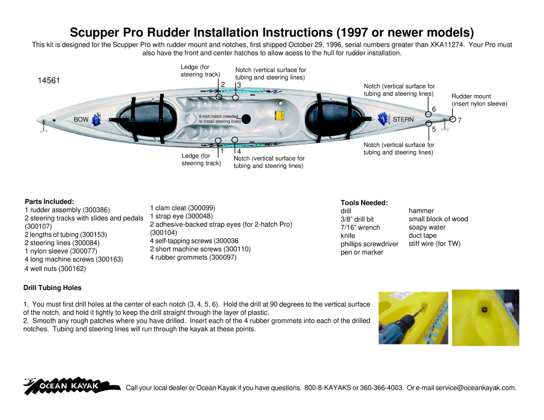 Ocean Kayak 14561 manual Parts Included, Drill Tubing Holes, Tools Needed 