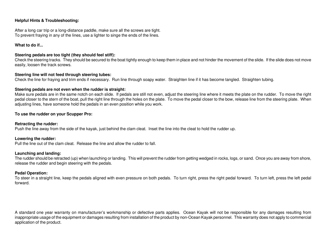 Ocean Kayak 14561 Helpful Hints & Troubleshooting, Steering line will not feed through steering tubes, Lowering the rudder 