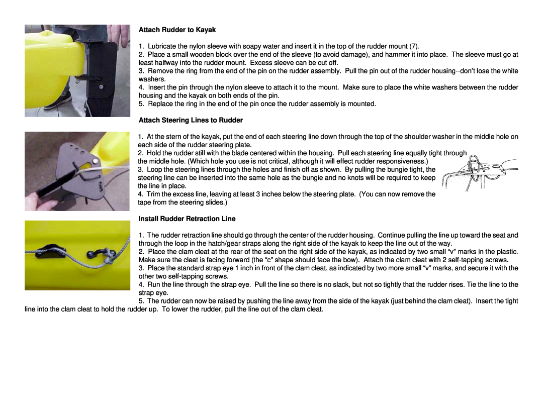 Ocean Kayak 14561 manual Attach Rudder to Kayak, Attach Steering Lines to Rudder, Install Rudder Retraction Line 