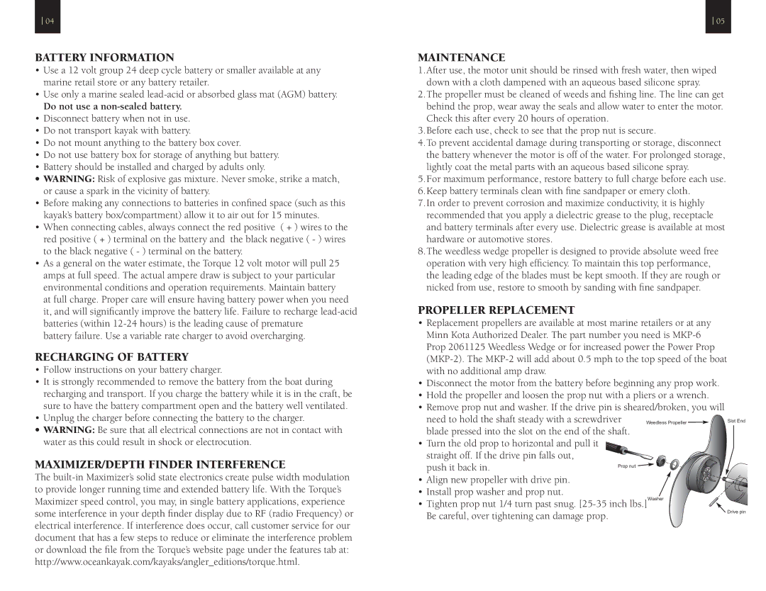 Ocean Kayak TORQUE manual Battery Information, Recharging of Battery, Maximizer/Depth finder interference Maintenance 