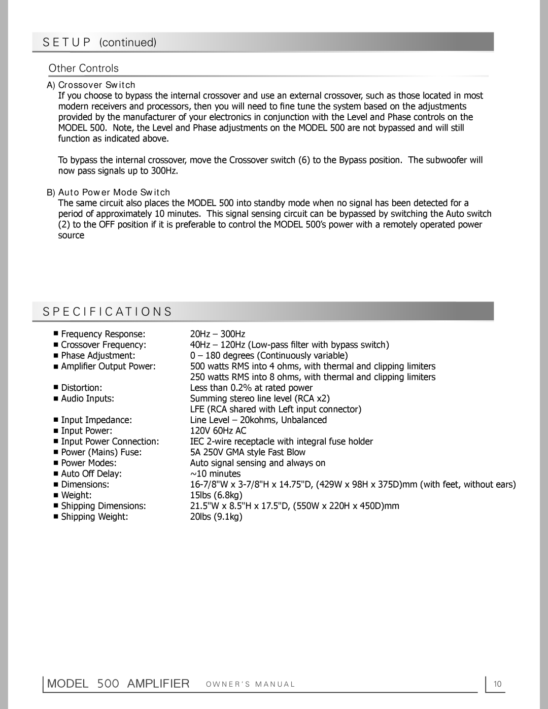 OEM Systems 500 owner manual Specification S, Other Controls 