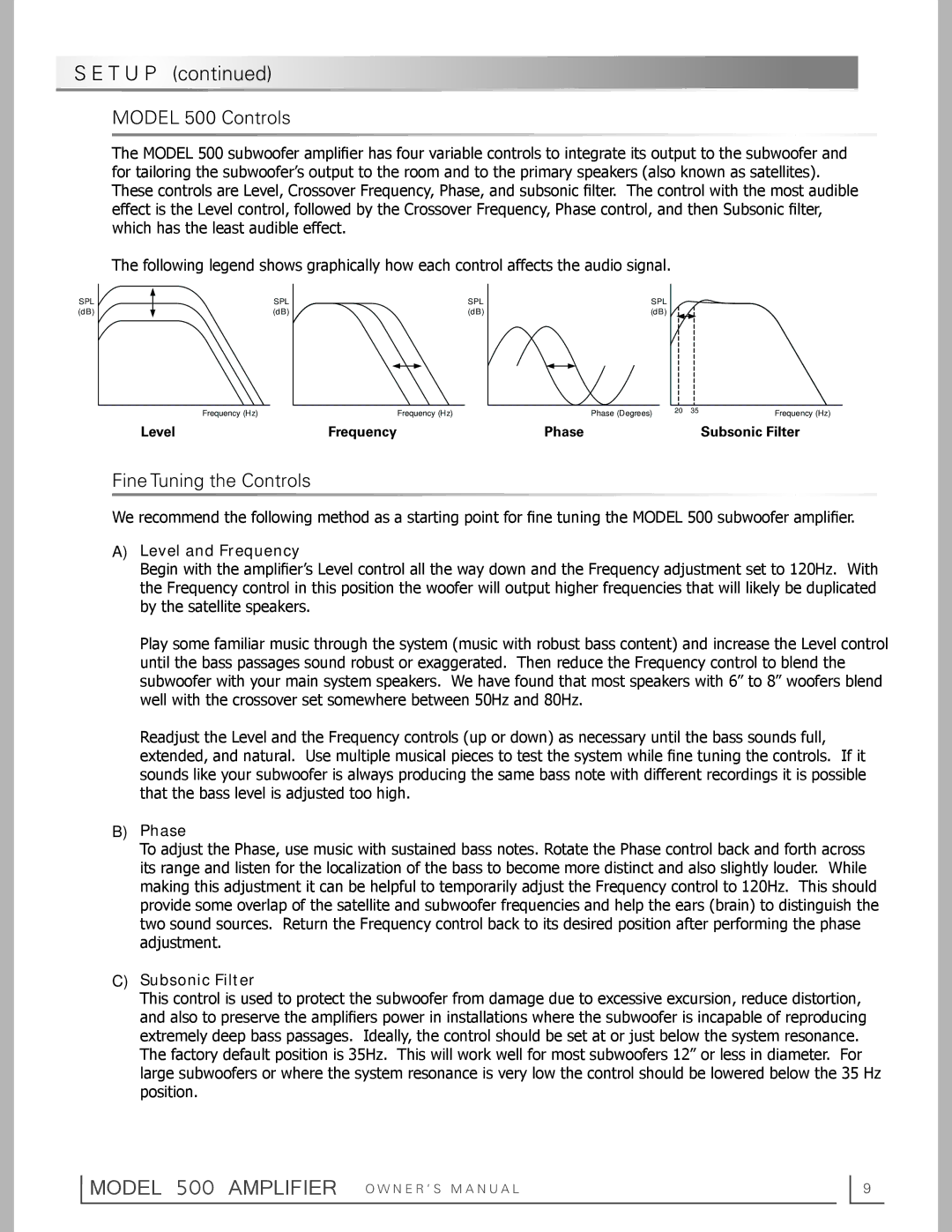 OEM Systems owner manual T U P, Model 500 Controls, Fine Tuning the Controls 