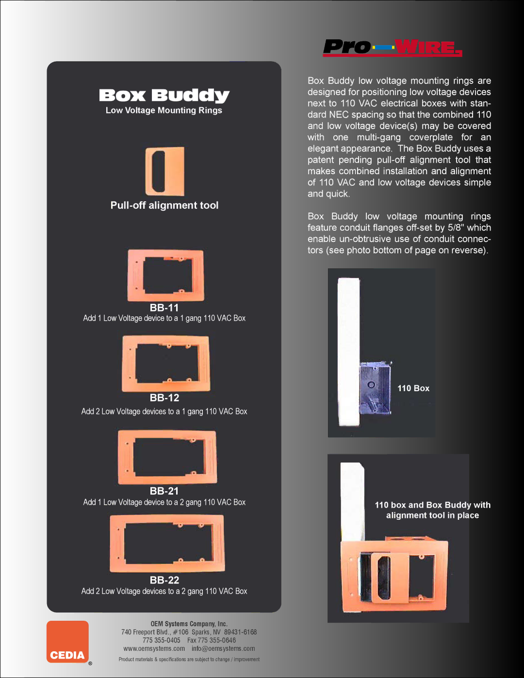 OEM Systems specifications Box Buddy, Pull-off alignment tool BB-11, BB-12, BB-21, BB-22 