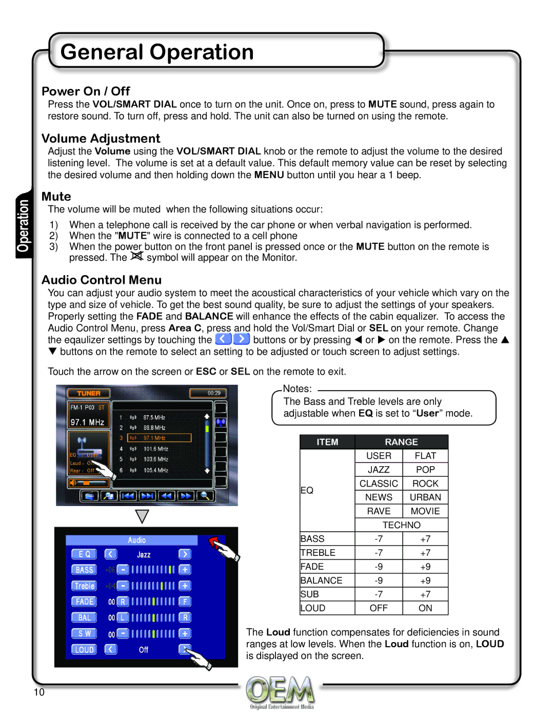 OEM Systems CH-4100 operation manual General Operation, Power On / Off, Volume Adjustment, Mute, Audio Control Menu 