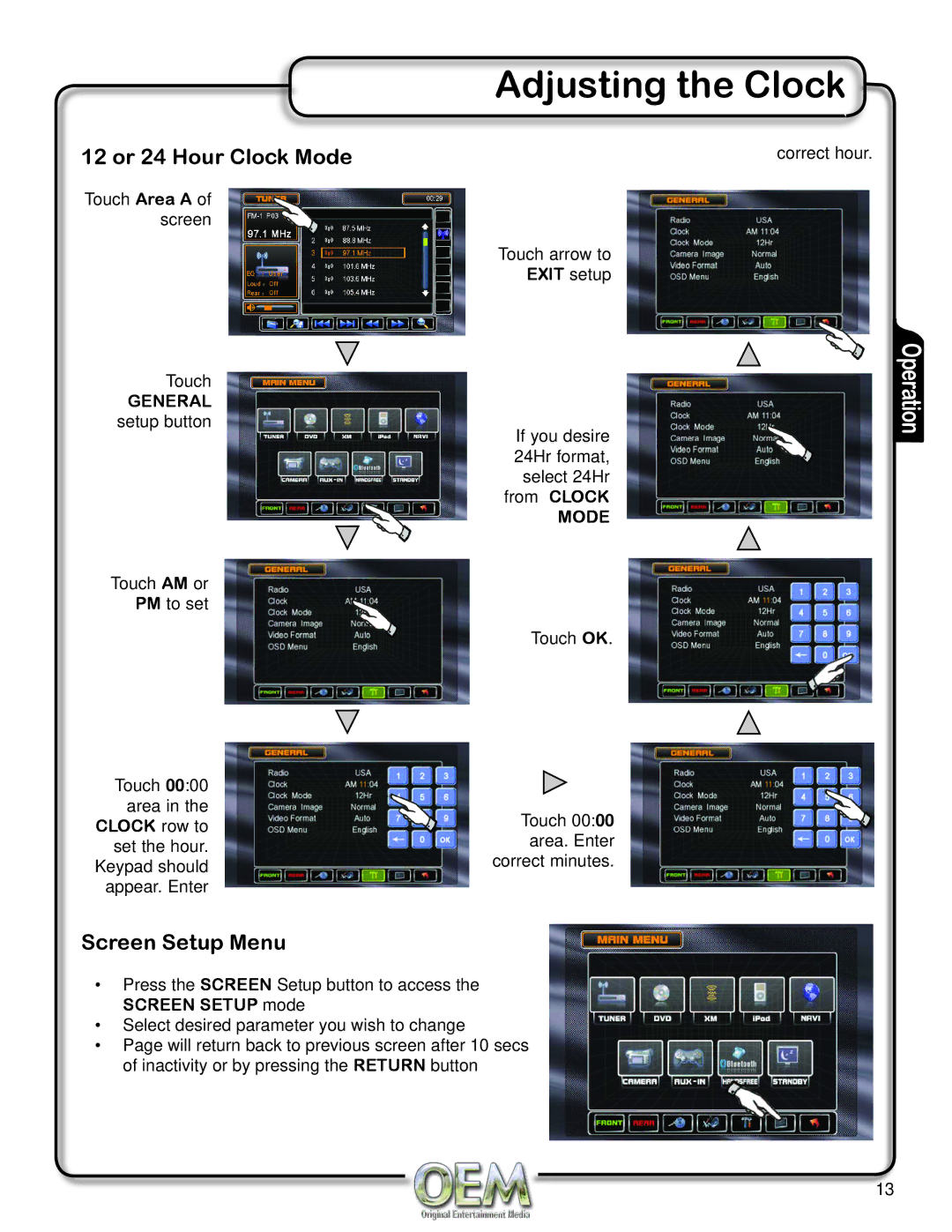 OEM Systems CH-4100 Adjusting the Clock, 12 or 24 Hour Clock Mode, Screen Setup Menu, Exit setup, Screen Setup mode 