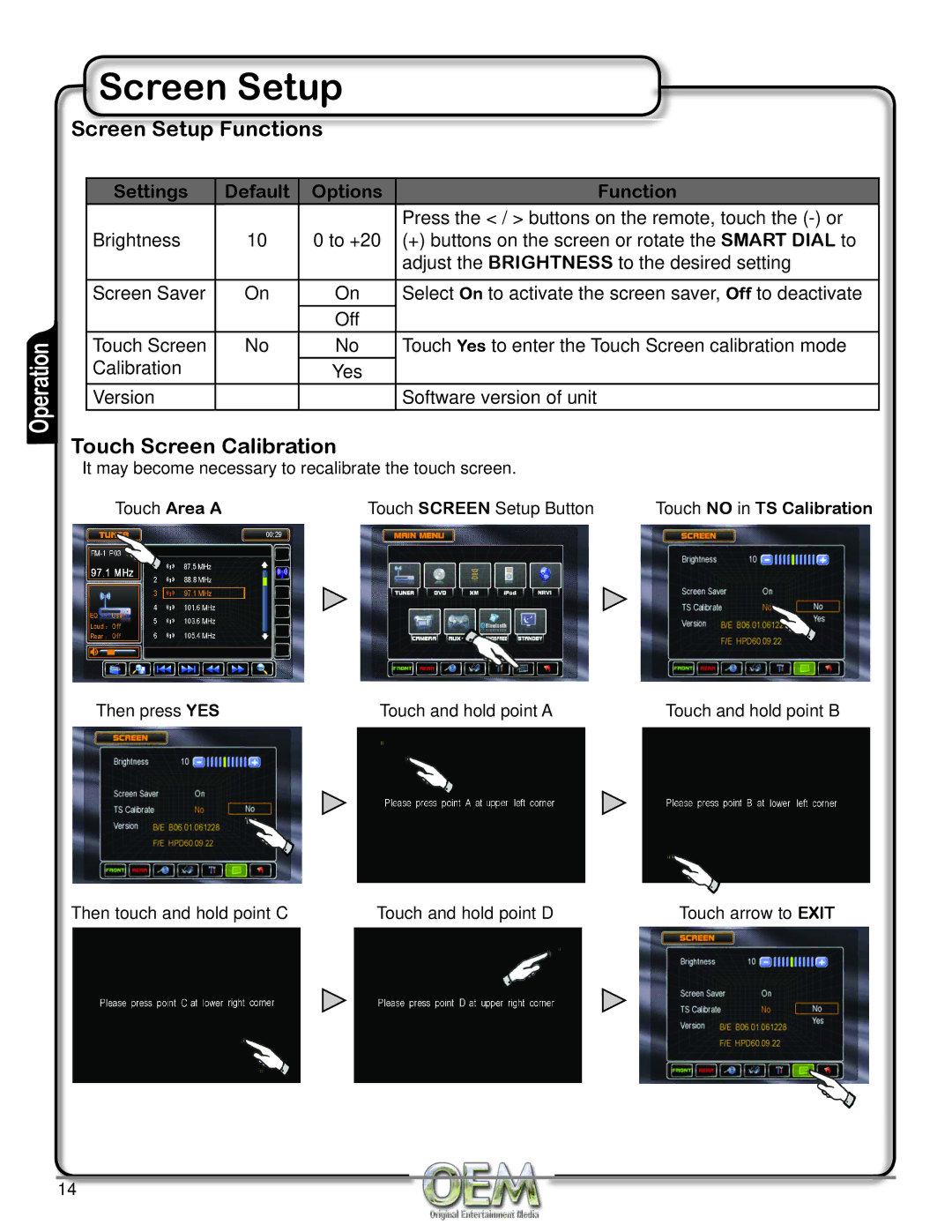 OEM Systems CH-4100 operation manual Screen Setup Functions, Touch Screen Calibration 