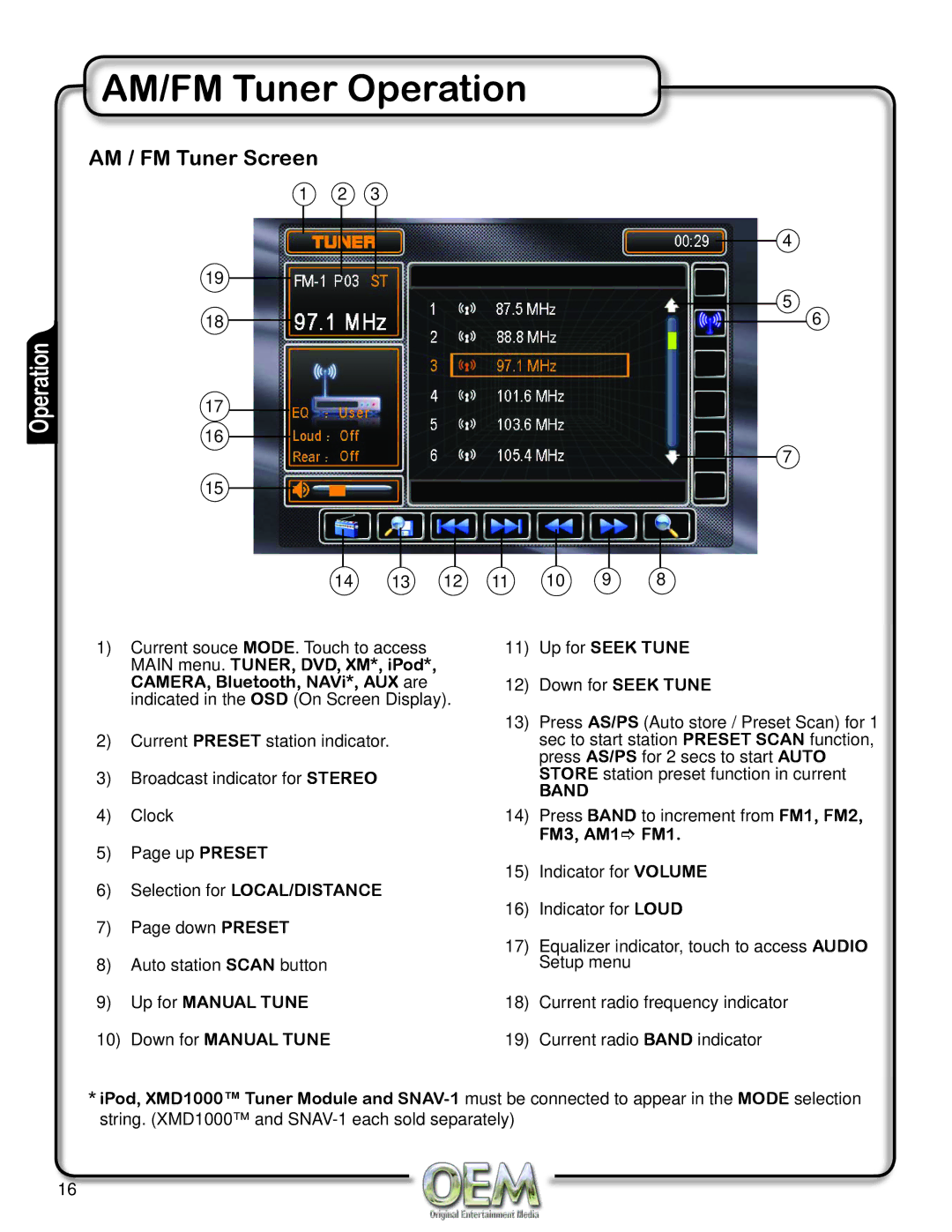 OEM Systems CH-4100 AM/FM Tuner Operation, AM / FM Tuner Screen, Up for Manual Tune Down for Manual Tune Up for Seek Tune 