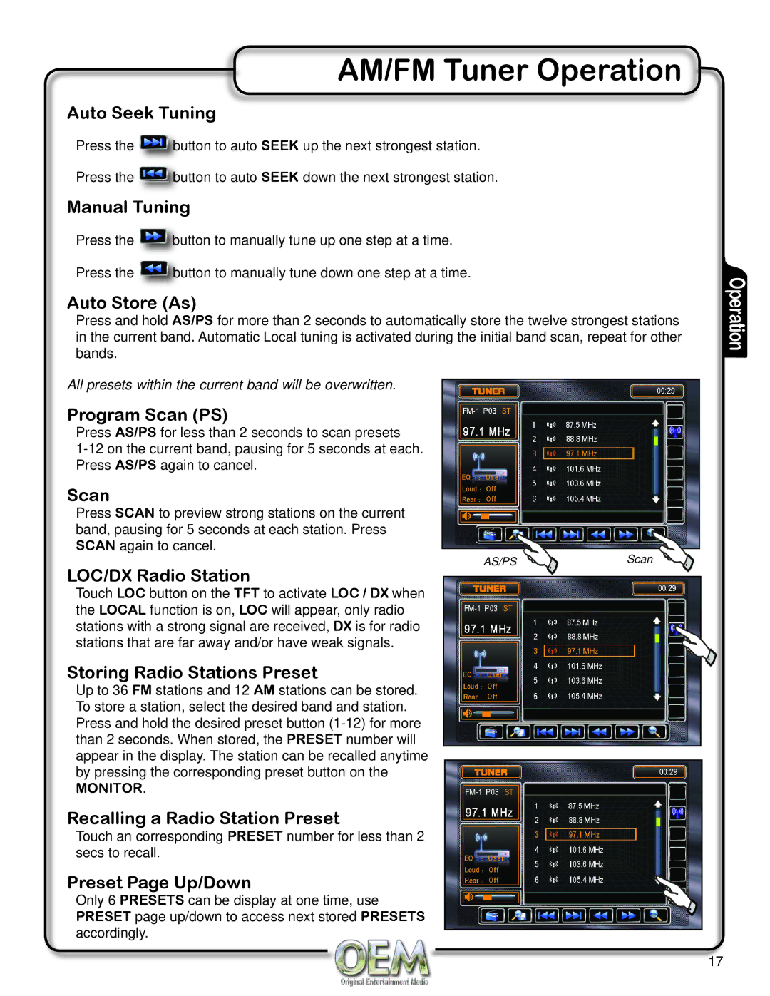 OEM Systems CH-4100 operation manual Auto Seek Tuning, Manual Tuning, Auto Store As, Program Scan PS, LOC/DX Radio Station 