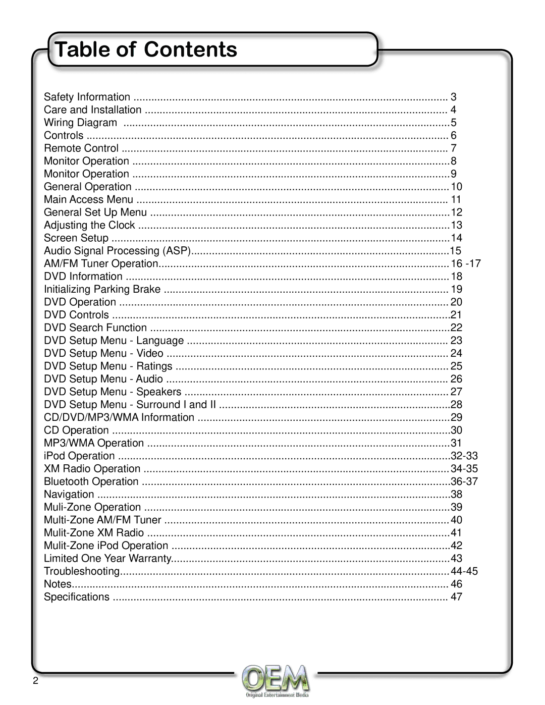 OEM Systems CH-4100 operation manual Table of Contents 