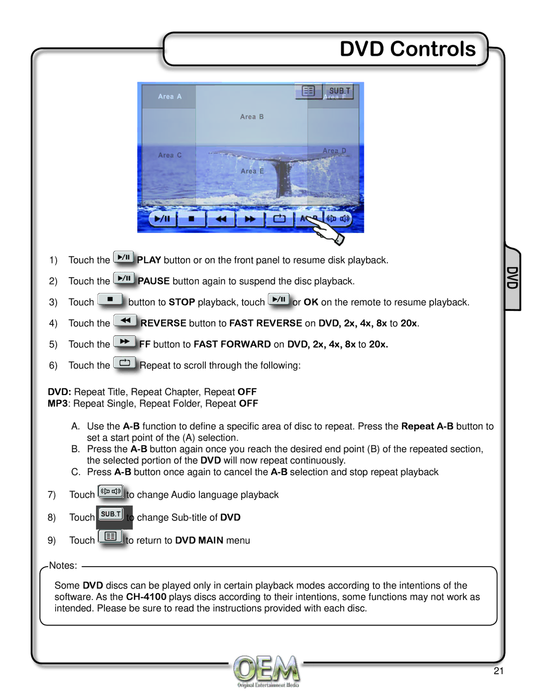 OEM Systems CH-4100 operation manual DVD Controls,  Touch 