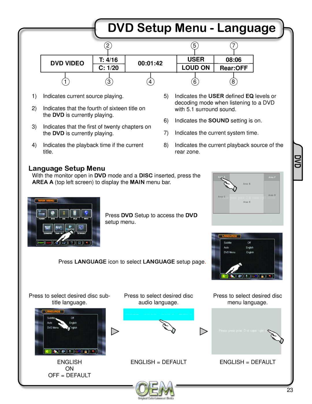 OEM Systems CH-4100 operation manual DVD Setup Menu Language, Language Setup Menu, RearOFF 