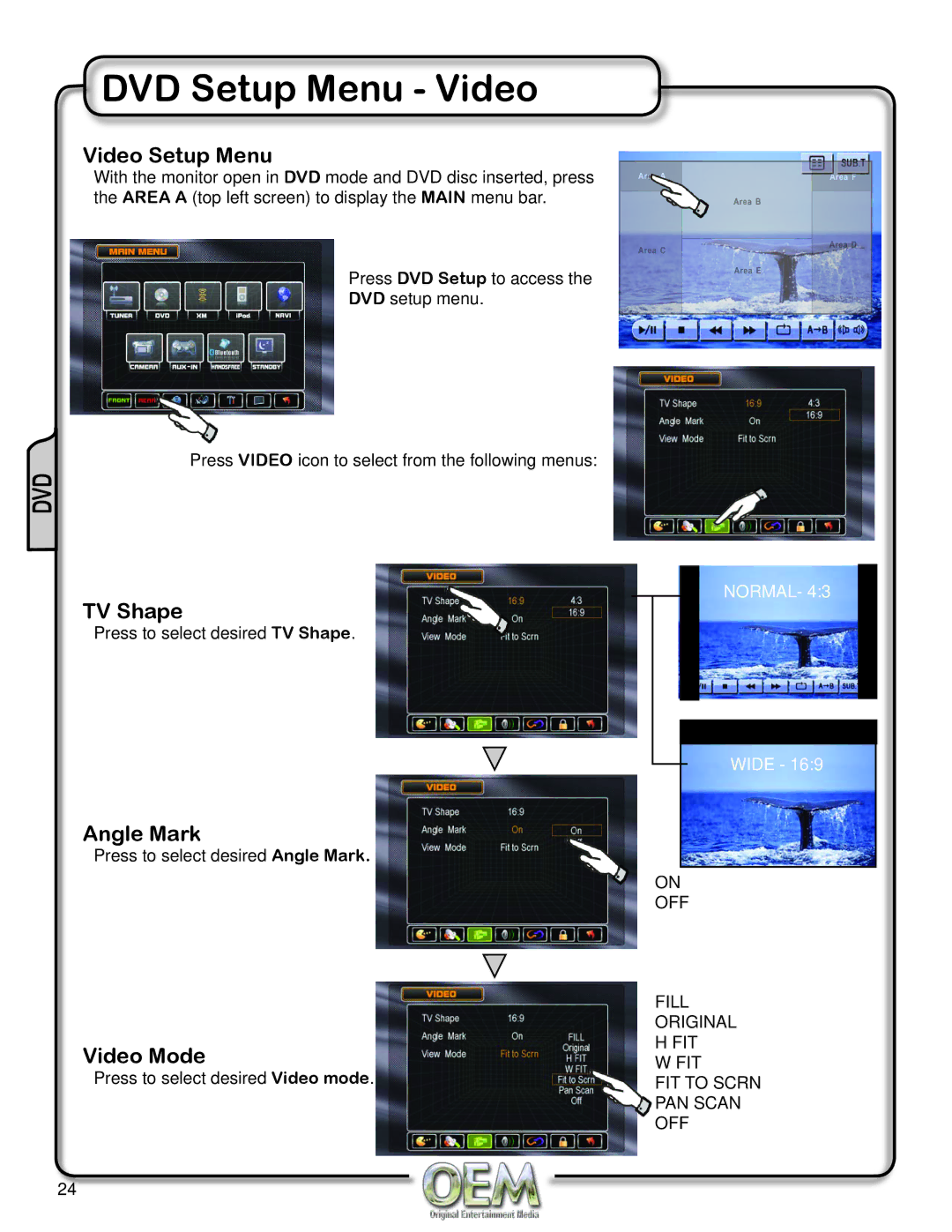 OEM Systems CH-4100 operation manual DVD Setup Menu Video, Video Setup Menu, TV Shape, Angle Mark, Video Mode 