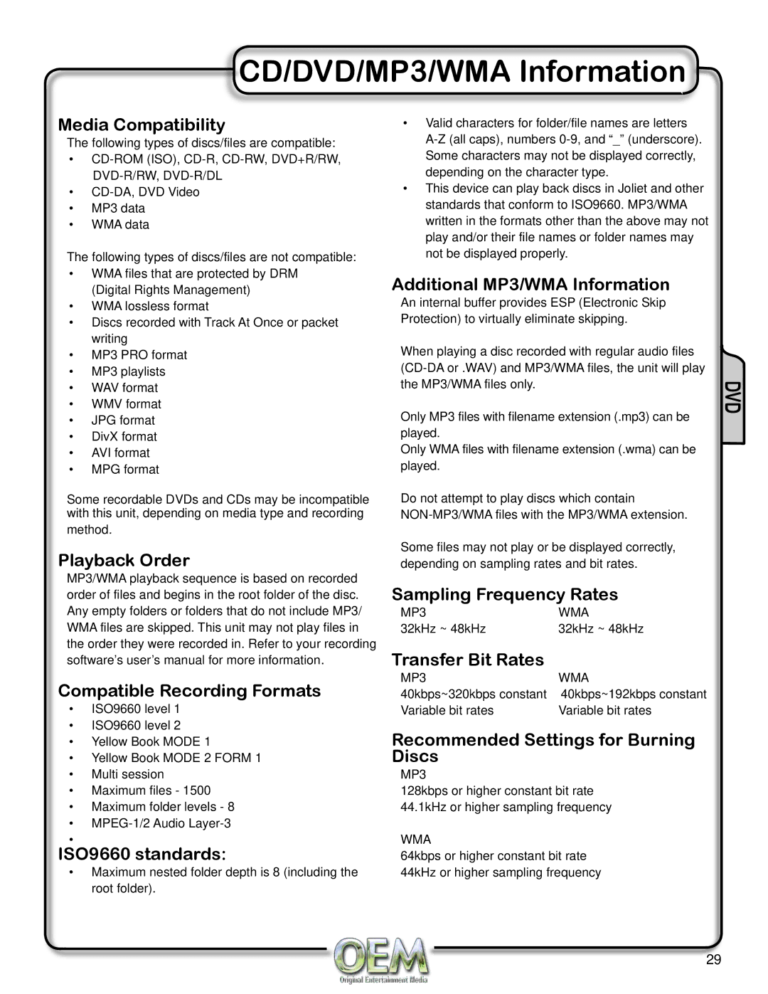 OEM Systems CH-4100 operation manual CD/DVD/MP3/WMA Information 