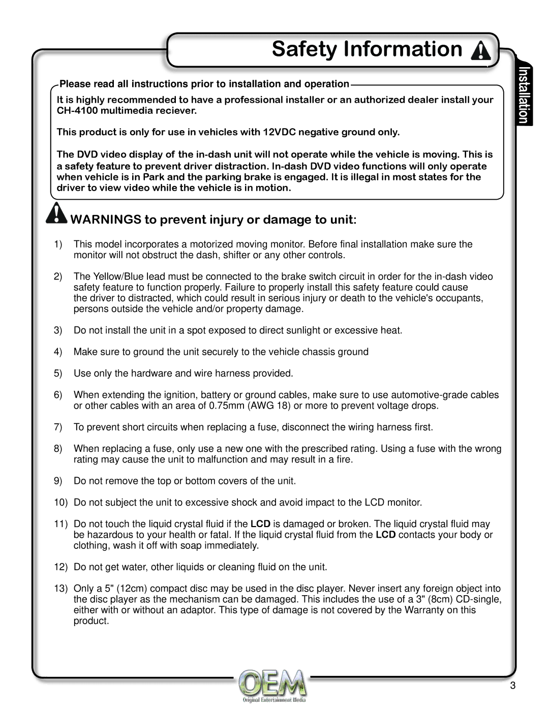 OEM Systems CH-4100 operation manual Safety Information 