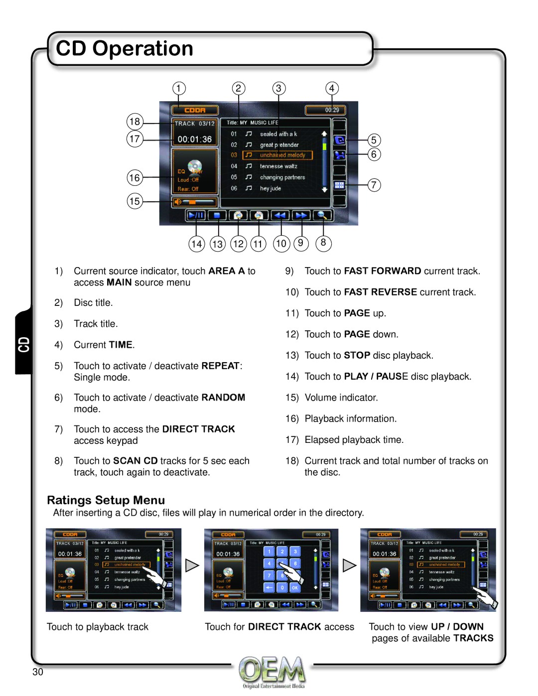 OEM Systems CH-4100 operation manual CD Operation, Ratings Setup Menu 