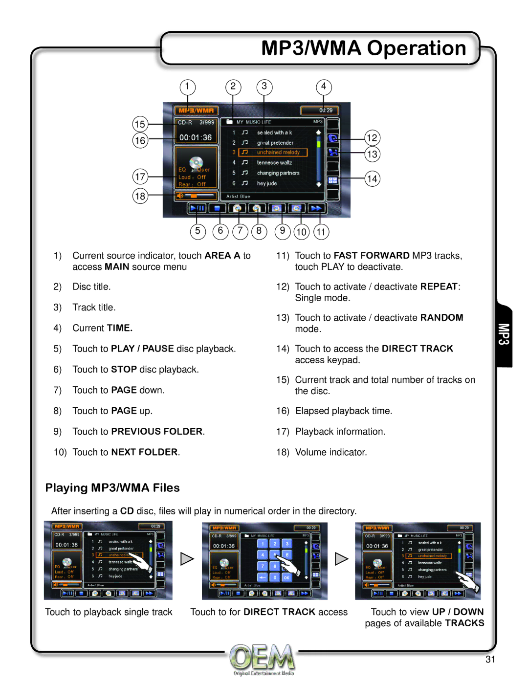 OEM Systems CH-4100 operation manual MP3/WMA Operation, Playing MP3/WMA Files, Touch to Next Folder 