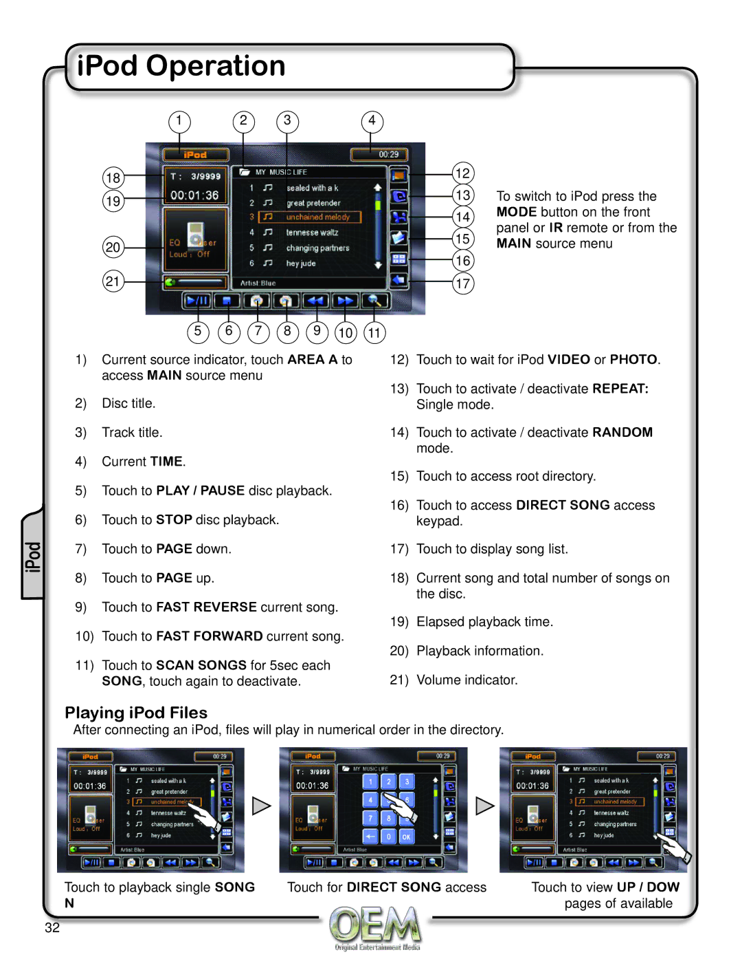 OEM Systems CH-4100 operation manual IPod Operation, Playing iPod Files 