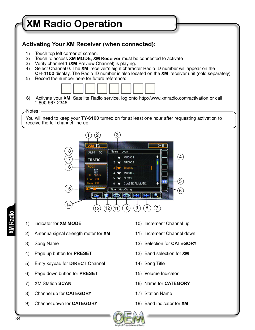 OEM Systems CH-4100 operation manual XM Radio Operation, Activating Your XM Receiver when connected 