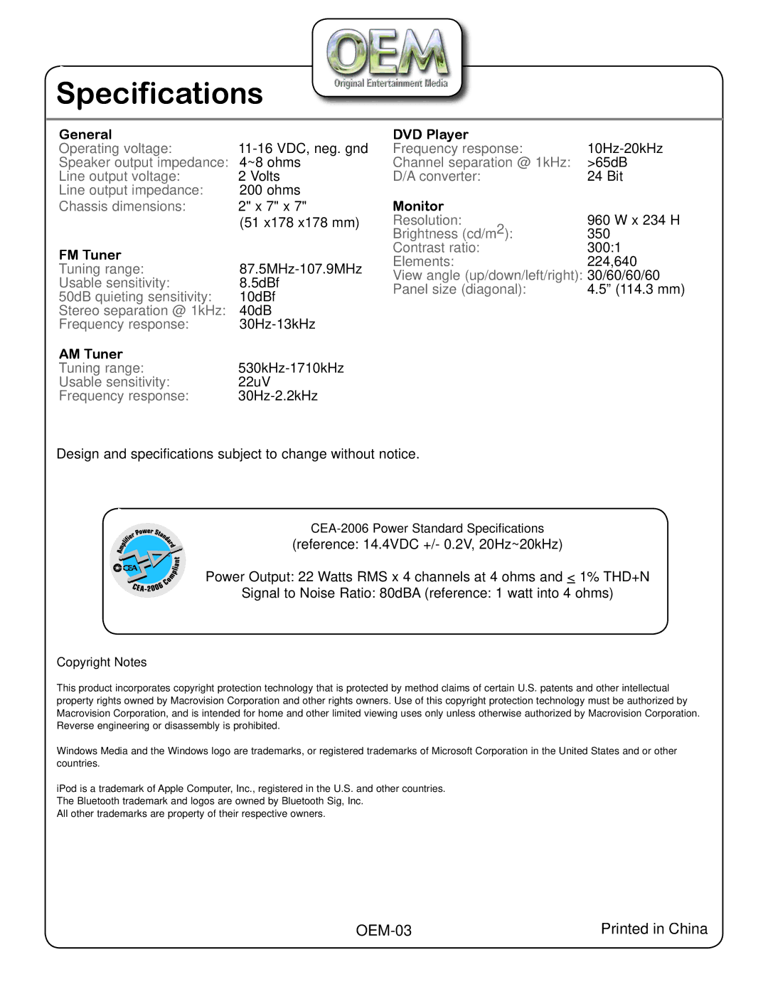 OEM Systems CH-4100 operation manual Specifications, DVD Player 