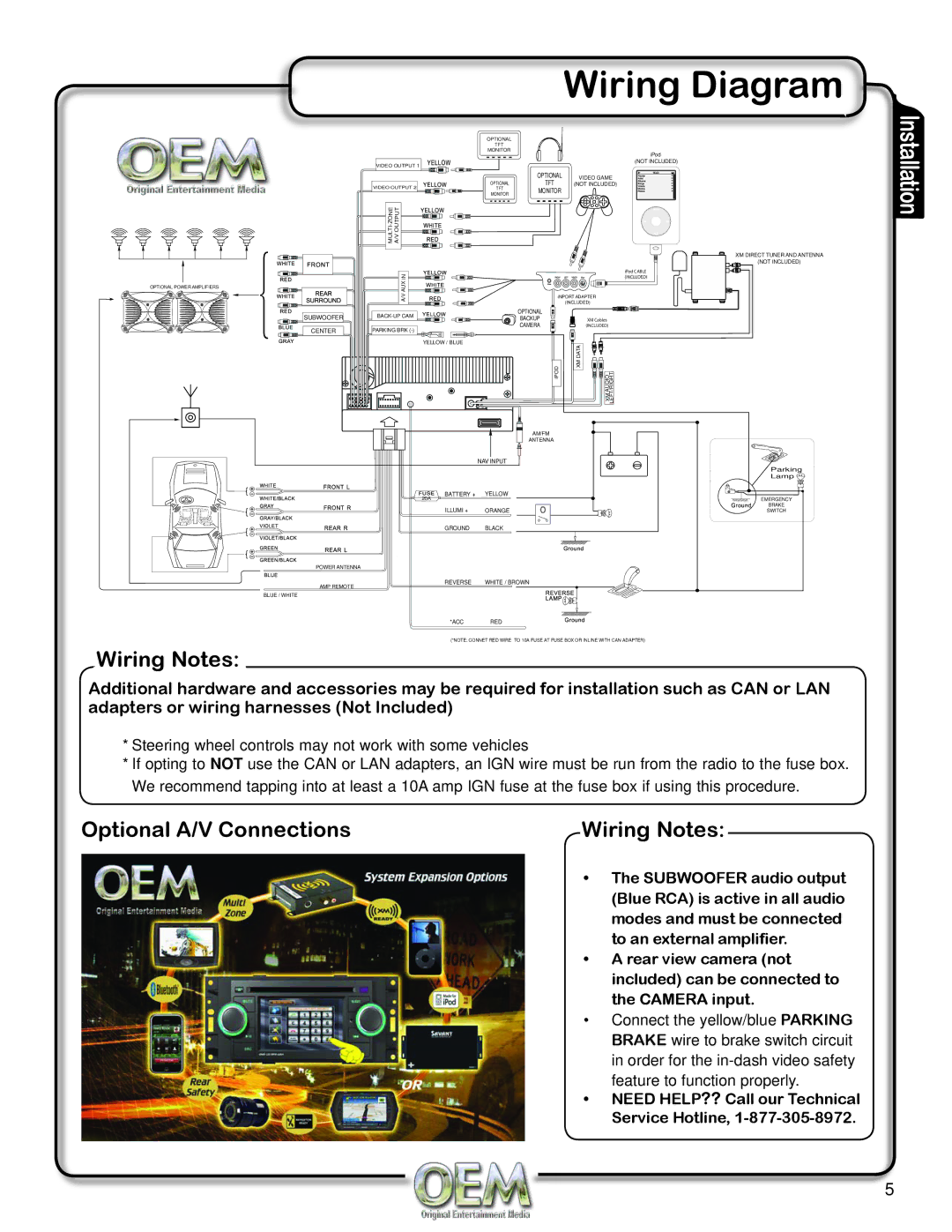 OEM Systems CH-4100 operation manual Wiring Diagram, Wiring Notes, Optional A/V Connections 