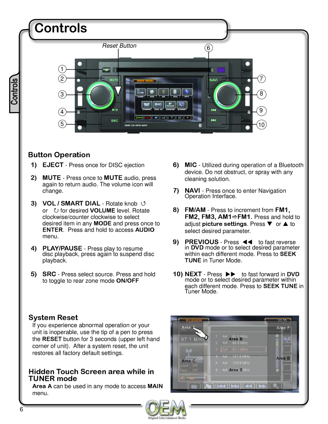 OEM Systems CH-4100 operation manual Controls, Button Operation, System Reset, Hidden Touch Screen area while in Tuner mode 