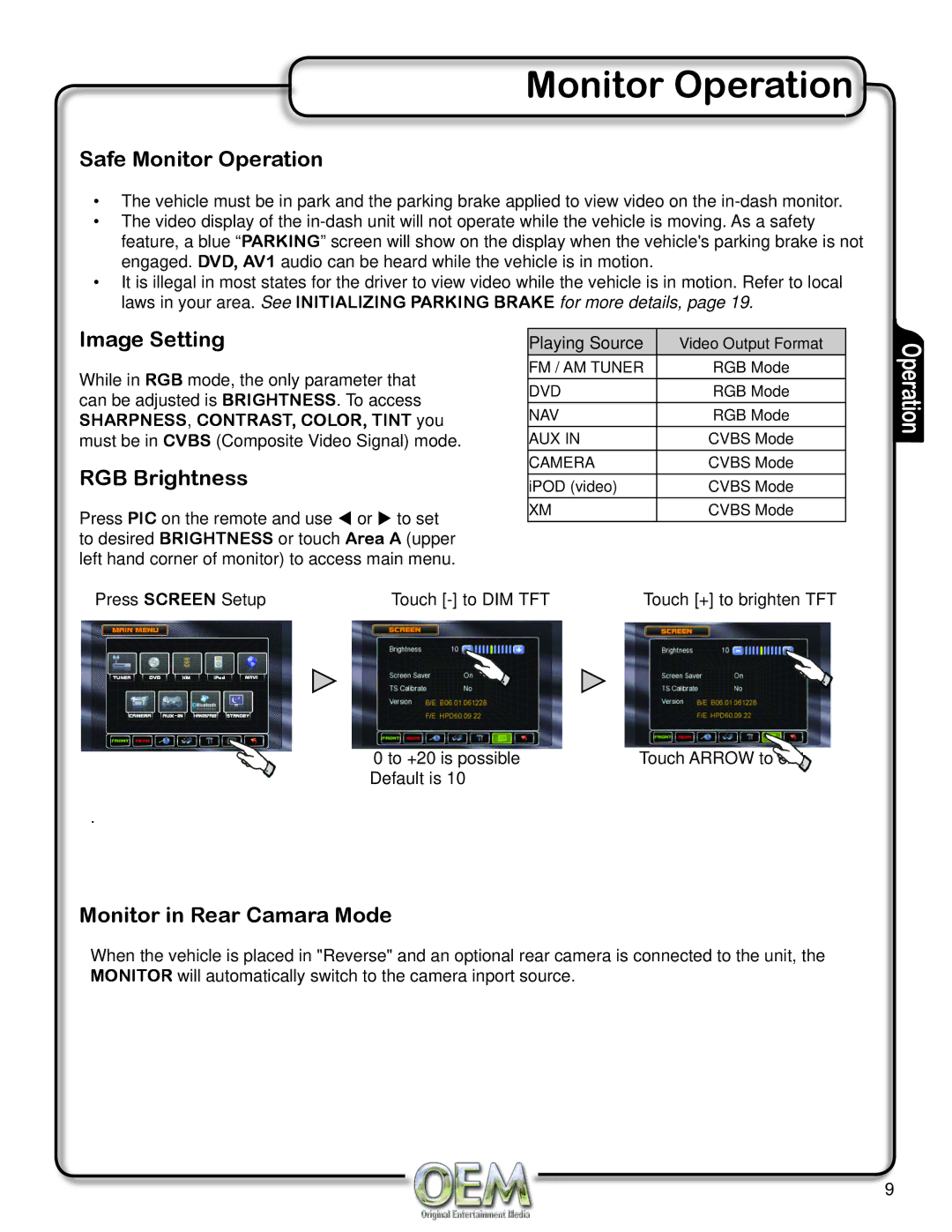 OEM Systems CH-4100 operation manual Safe Monitor Operation, Image Setting, RGB Brightness, Monitor in Rear Camara Mode 