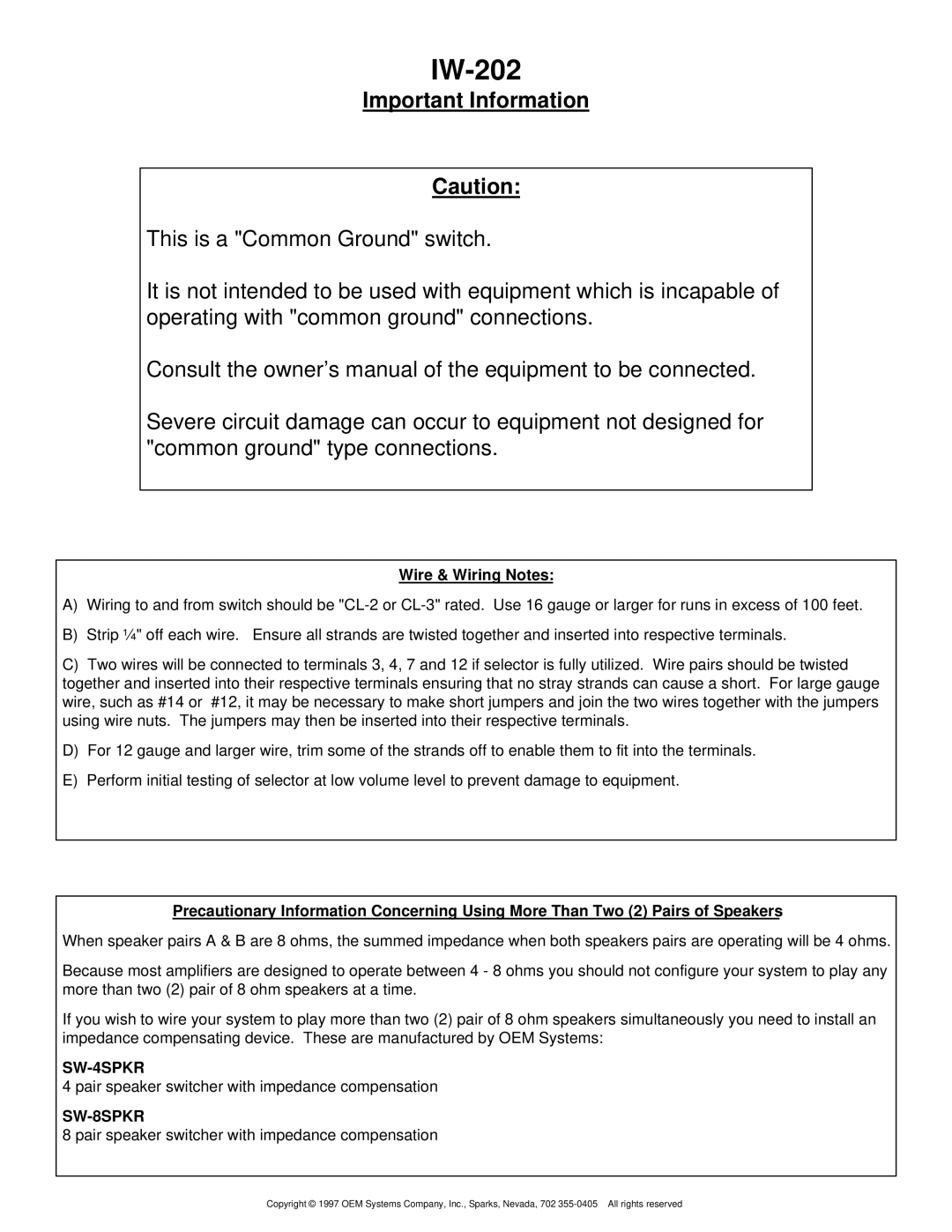 OEM Systems IW-202 manual Important Information, Wire & Wiring Notes, SW-4SPKR, SW-8SPKR 