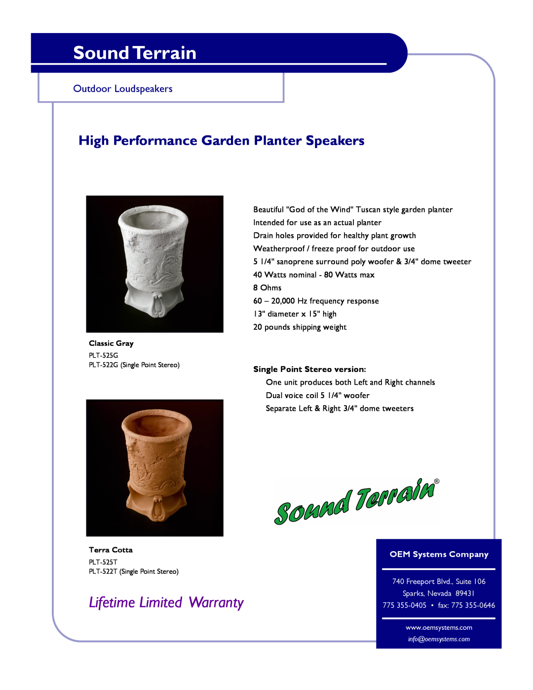 OEM Systems PLT-525, PLT-522G warranty Sound Terrain, Lifetime Limited Warranty, High Performance Garden Planter Speakers 