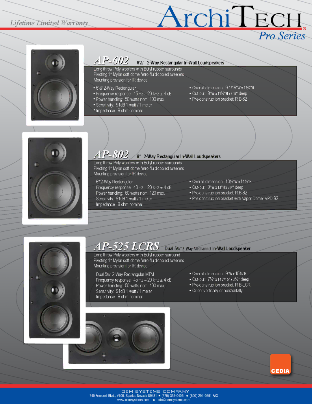 OEM Systems Pro Series warranty Cedia, AP-6026½ 2-Way Rectangular In-Wall Loudspeakers 