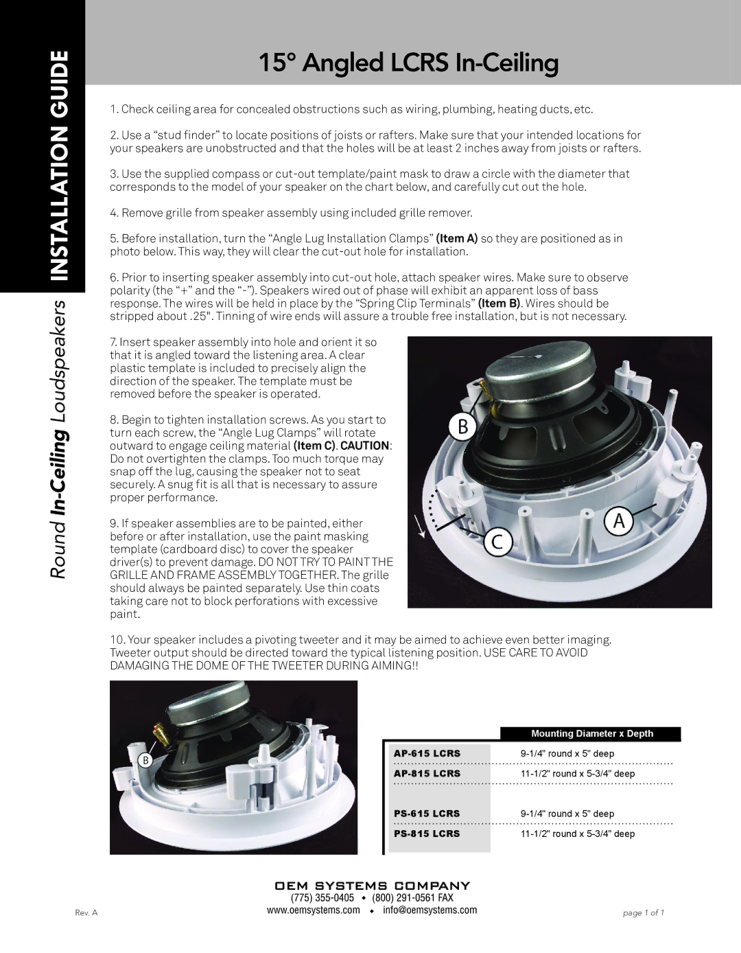 OEM Systems PS-615 LCRS, PS-815 LCRS, AP-815 LCRS, AP-615 LCRS manual Angled Lcrs In-Ceiling, Mounting Diameter x Depth 