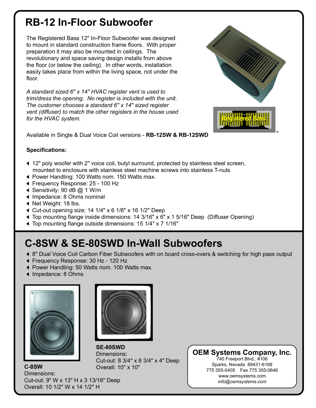 OEM Systems dimensions RB-12 In-FloorSubwoofer, C-8SW& SE-80SWD In-WallSubwoofers, OEM Systems Company, Inc 