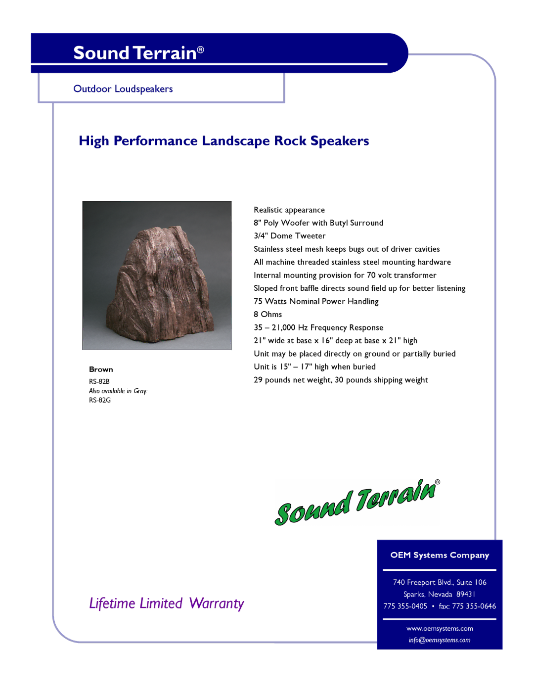 OEM Systems RS-82B, RS-82G warranty Sound Terrain, Lifetime Limited Warranty, High Performance Landscape Rock Speakers 