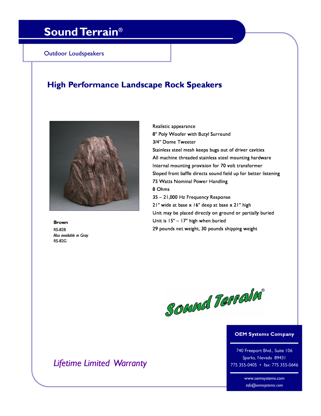 OEM Systems RS-82B, RS-82G warranty Sound Terrain, Lifetime Limited Warranty, High Performance Landscape Rock Speakers 