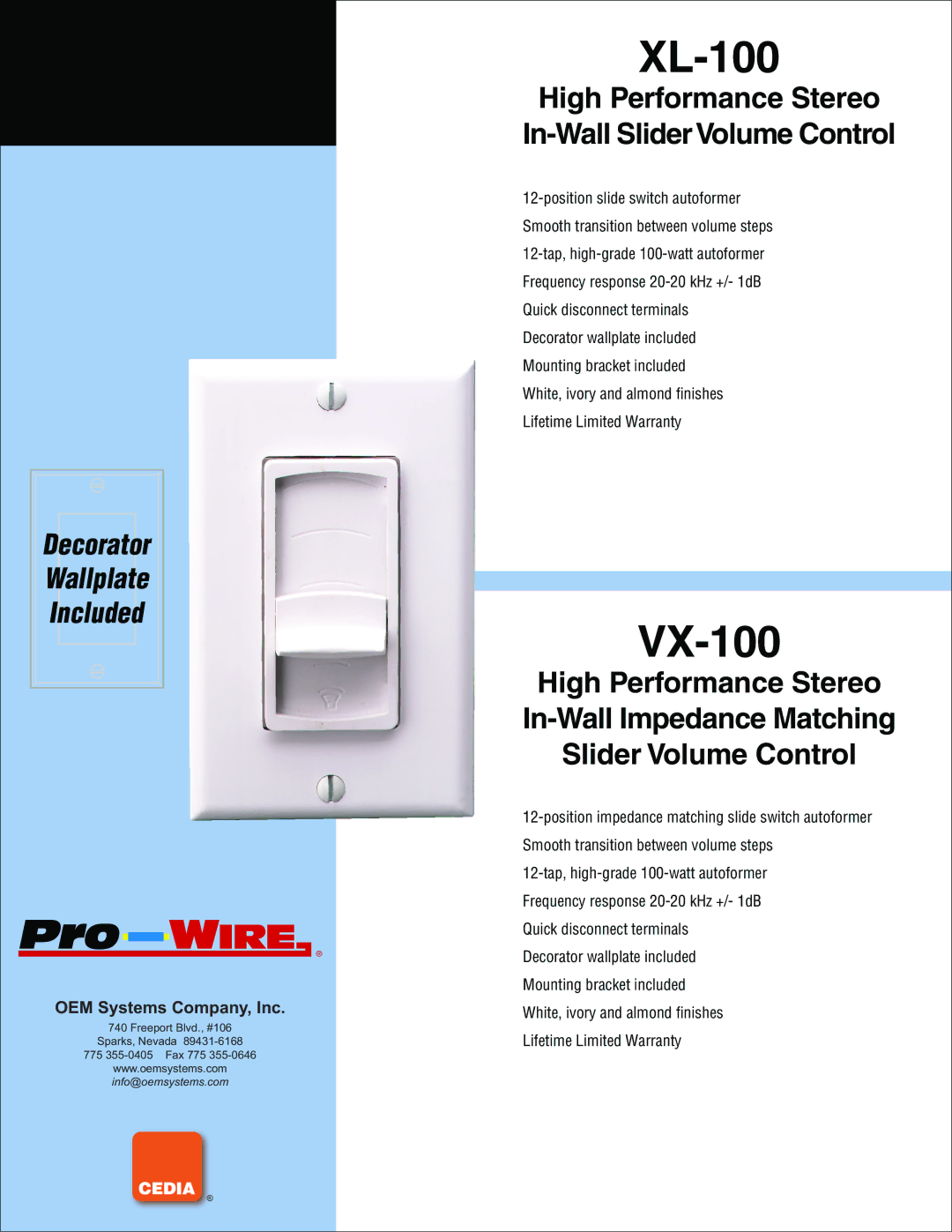 OEM Systems XL-100 warranty VX-100, High Performance Stereo In-Wall Slider Volume Control, Ecorato Wallplate Included 