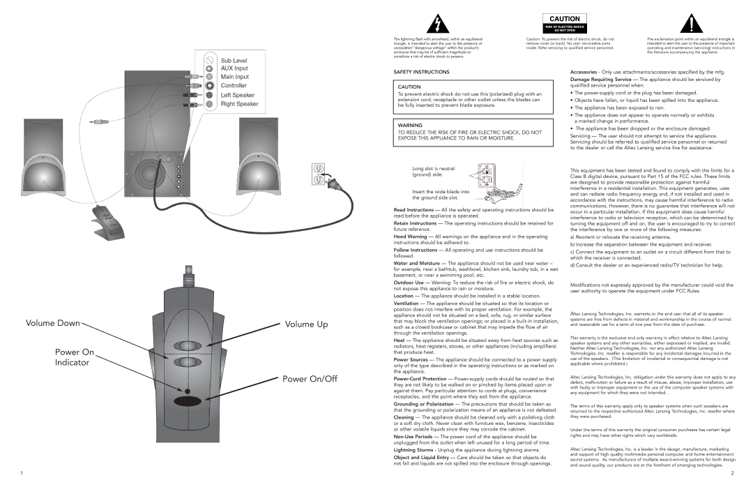 OFT Speakers manual Volume Down Power On Indicator Volume Up Power On/Off, Safety Instructions 