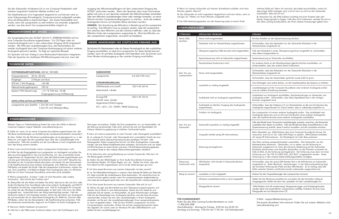 OFT Speakers manual Präsentationen MIT Dialog, Andere Anwendungen DES Zusätzlichen Eingangs AUX, Stoerungssucher 